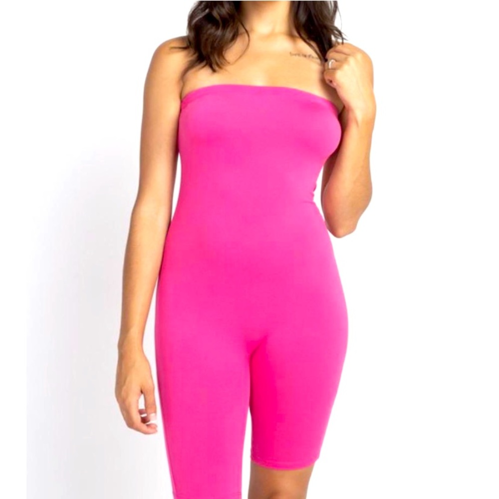 Fuchsia Strapless Biker Shorts Romper